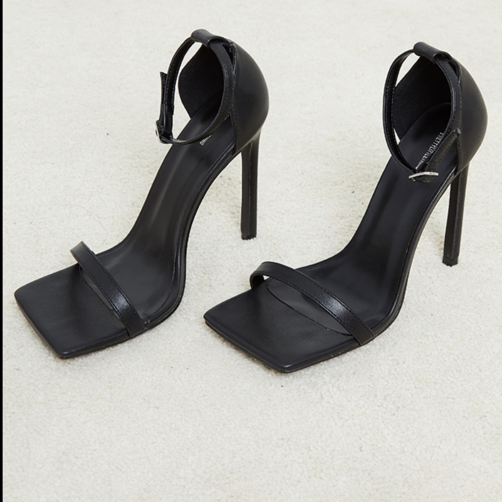 NWT in box, PrettyLittleThings Black Clover Barely There Strappy Heels